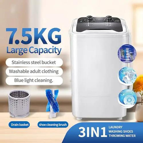 Portable Automatic Shoes Washer And Compact Laundry Cleaner With Built In Spin Dry, Hella Smooth Multi Function Machine For Sneakers And Casual Threads, No Sweat Setup Makes Keeping Your Gear Fresh Totally A Breeze. 7.5kg stainless steel washer with drain basket and shoe cleaning brush.