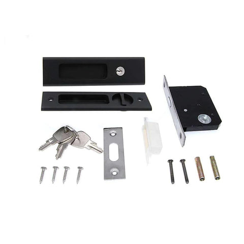 Matte Black Privacy Pocket Door Lock Hardware With Invisible Recessed Handle Latch And Keys, 6.3 Inch Sliding Door Mortise Lock