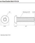 Premium 304 Stainless Steel Button Head Socket Cap Screws 10-24 x 3/4 Inch drawing with dimensions and specifications.