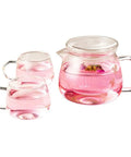 Sleek Heat Resistant Glass Teapot For Cold Brew And Hot Tea, Smooth Drip Pour Spout Juice Pitcher with two cups of floral tea.