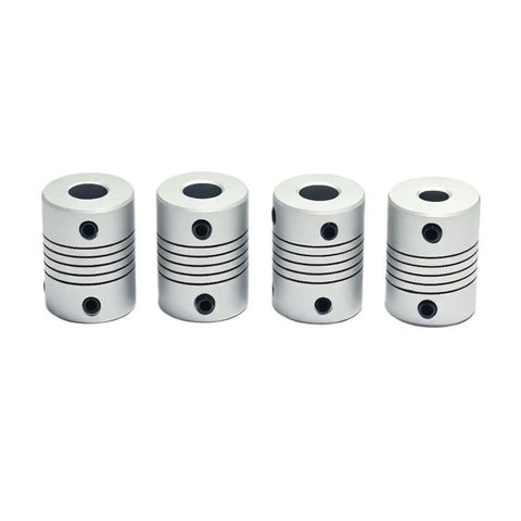 Top Tier Flexible Jaw Shaft Coupling D19 By L25 Inches With 3/6.35/8/10mm Bore Fits Stepper Motors And Encoder Gear For Engraving Machines In Great Condition!  Four aluminum couplings view.