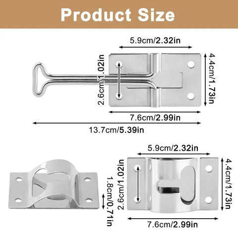 Built Tough 304 Stainless RV Door Holder And Hold Open Latch showing dimensions, 4 inch retainer for trailers and cargo vans.
