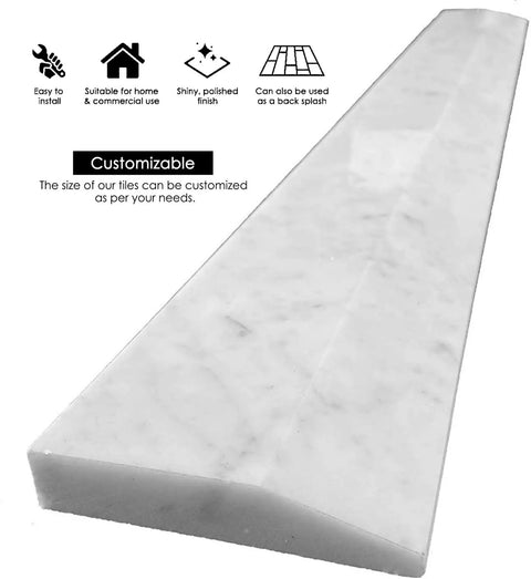 Carrara White Marble Threshold Tile With High Bevel For Hollywood Doorway Dope Look 4x36 Inch Polished Saddle Floor Transition Tile Grey Vein Marble Finish Premium Home Upgrade displayed with high bevel edge and polished surface.