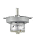 12V DC Gear Motor JS 50 With D Shaft, 30 RPM, CW CCW, Low Noise Slow Speed Gearbox, front view of silver motor with label