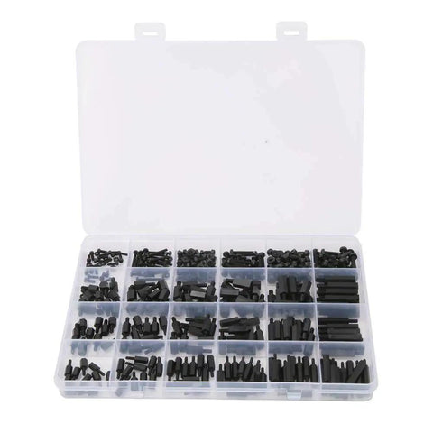 Top Shelf 360 Piece Black Nylon Standoff Spacer And Screw Nut Assortment Kit in organized clear plastic case.