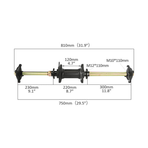 32 Inch Rear Axle Kit For DIY 110cc To 200cc ATVs Quads Go Karts Golf Carts And Drift Trikes With 530 Chain Sprocket 190mm Brake Disc Rotor And Seven Eighths Inch Throttle Control Lever Heavy Duty Live Axle, side view with dimensions.