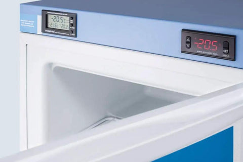 Compact Medical Freezer With Digital Thermostat And Secure Front Lock Nist Calibrated Thermometer displaying precise temperature readings.