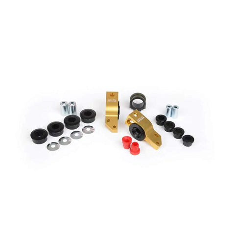Front And Rear Suspension Bushing Kit For 2004 To 2018 Volkswagen Audi Smooth Out Your Daily Drive And Crush Bump Steer With Heavy Duty Powder Coated Bushings That Tighten Up Handling And Keep Things Solid Under Pressure includes black and red bushings, zinc rods, and gold components.