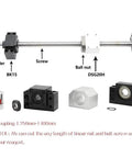 Super Smooth SFU2005 Kit With 5mm Lead Rolled Ball Screw Including RM2005 Nut Plus BK15 BF15 Supports And Coupler For CNC Projects At 1100mm Length, shown with screw, nut, supports