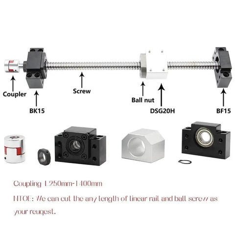 Super Smooth SFU2005 Kit With 5mm Lead Rolled Ball Screw Including RM2005 Nut Plus BK15 BF15 Supports And Coupler For CNC Projects At 1100mm Length, shown with screw, nut, supports