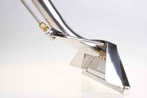 Close-up of Stainless Steel Carpet Cleaning Wand for Stairs and SUV Upholstery, Dual Jet Stair Tool with 10 Inch Wide Head, Brass Valve.