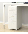 Lockable Five Drawer Metal Filing Cabinet for Home Office under a desk, with wheels and keyed locks for secure document storage.