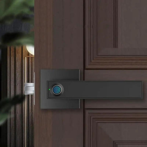 Bulletproof Zinc Alloy Smart Door Lock With Zero Hassle Fingerprint Access And Integral Emergency Power Port For Knockout Keyless Home Security And Straight Forward Handle Setup on a wooden door.
