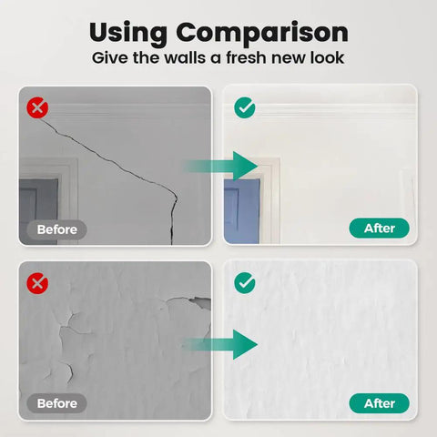 Before and after comparison using All In One Drywall Patch Kit With Scraper And Mending Paste For Quick Wall Repair Of Holes Cracks