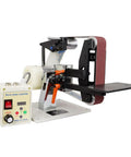 Rock Solid Brushless Belt Sander Paired With Adjustable Knife Grinder And Flip Angle Setup For Fast Blade Sharpening On Wood And Metal Shop Rigs Without Any Headache Today, showing motor controller and sanding belt.