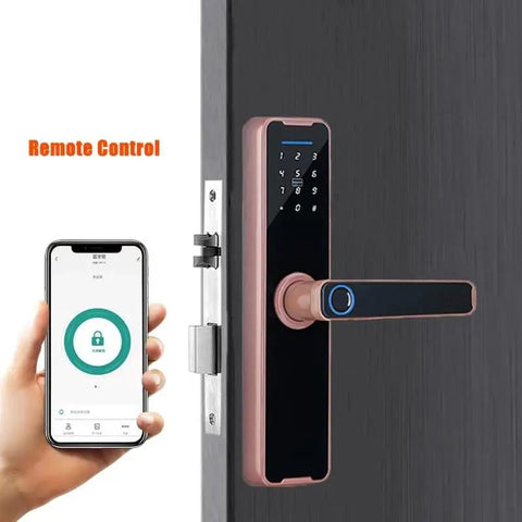 High Tech Fingerprint Electronic Smart Door Lock Keyless Entry Handle with Virtual Password and Remote Control shown with smartphone access.
