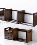 Walnut Color Bamboo Desk Shelf Organizer with multipurpose expandable bookshelf shown before and after stretching, two drawers visible.