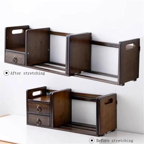 Walnut Color Bamboo Desk Shelf Organizer with multipurpose expandable bookshelf shown before and after stretching, two drawers visible.