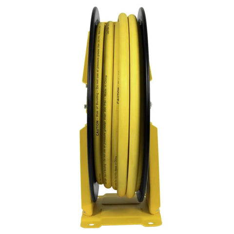 Front view of Double Arm Air Hose Reel With Three Eighths Inch By Fifty Feet Premium Rubber Hose Retractable Steel Construction