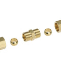 Brass compression fittings, front view: five-piece set with two nuts, two ferrules, straight union for 1/8–1/2 in tubing