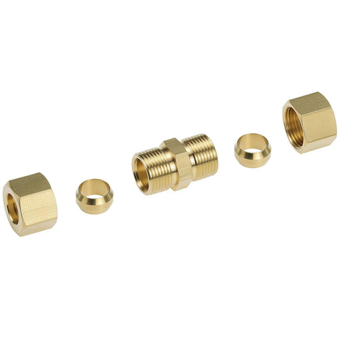 Brass compression fittings, front view: five-piece set with two nuts, two ferrules, straight union for 1/8–1/2 in tubing