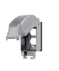 Tough As Nails One Gang Weatherproof In Use Outlet Cover With Fo Sho Quick Fit Keyhole Mount For Exterior Walls Extra Duty Rated Gray Housing, angled view.