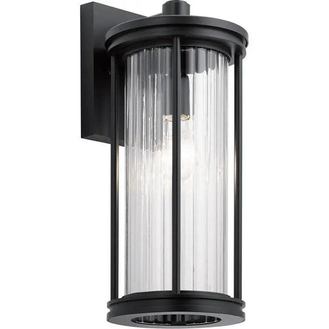 Lit 16 Inch Outdoor Wall Light 1 Light Sconce With Clear Ribbed Glass In Black Finish