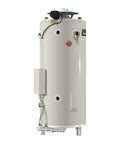Heavy Workhorse Commercial Tank Water Heater By Natural Gas With 100 Gallon Reserve And No Hassle Electronic Ignition side view showing tank and connections.