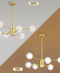 Sputnik Chandelier In Gold Finish, 6 Light Built-In Dimmable LED Spotlight, Modern Semi Flush Mount Pendant Light, off and on view