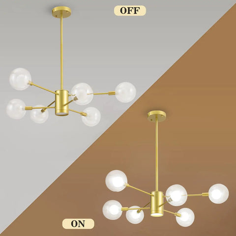 Sputnik Chandelier In Gold Finish, 6 Light Built-In Dimmable LED Spotlight, Modern Semi Flush Mount Pendant Light, off and on view