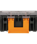 Front view of MODbox Parts Bin Rail Attachment For A Modular Tool Storage System Side Mount With One Handed Release And Clear Lid