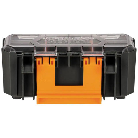 Front view of MODbox Parts Bin Rail Attachment For A Modular Tool Storage System Side Mount With One Handed Release And Clear Lid