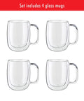 Four Piece Double Wall Insulated Glass Coffee Mug Set Keeps Hot Brews Steaming And Icy Drinks Frosty With Zero Sweat Marks Premium Borosilicate Glass Is Dishwasher Safe For Your Daily Grind Routine, showing four clear glass mugs.