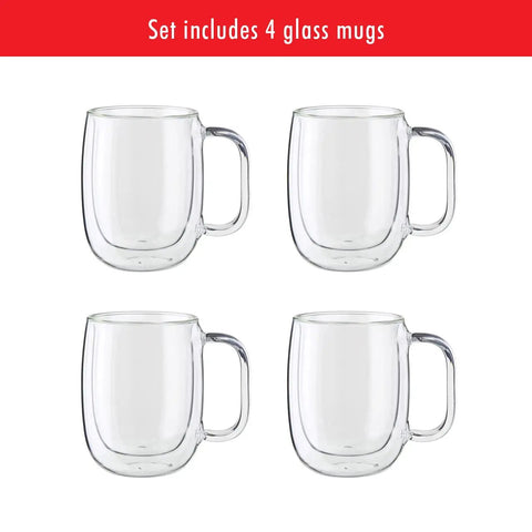 Four Piece Double Wall Insulated Glass Coffee Mug Set Keeps Hot Brews Steaming And Icy Drinks Frosty With Zero Sweat Marks Premium Borosilicate Glass Is Dishwasher Safe For Your Daily Grind Routine, showing four clear glass mugs.