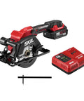 Super Compact One Handed Cordless Circular Saw Kit With Four And A Half Inch Blade Brushless Motor 20V Lithium Battery and Charger displayed with battery and charger.