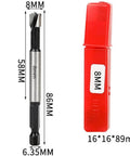 Side view of hex-shank 8mm hinge-boring drill bit for wood/plastics; high-carbon steel, 58mm length with red storage case.