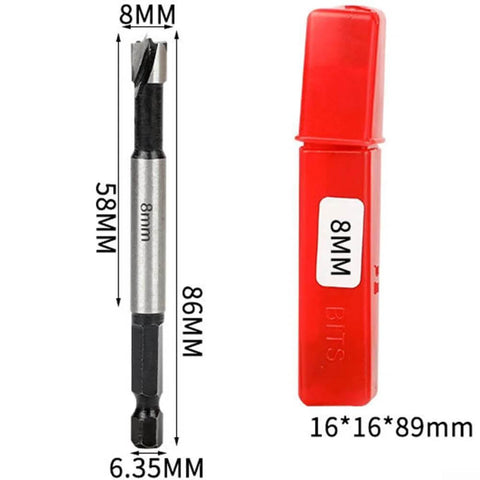 Side view of hex-shank 8mm hinge-boring drill bit for wood/plastics; high-carbon steel, 58mm length with red storage case.