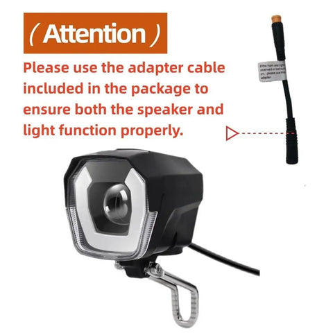 Ultra Bright Waterproof LED Headlight For Electric Bikes, 3 Pin Female Connector shown with adapter cable and mounting bracket.