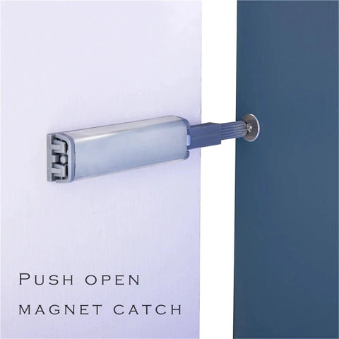 14 Pack Adjustable Tongue Distance Magnetic Door Catches for Cabinets and Wardrobes, showing push open latch closure.