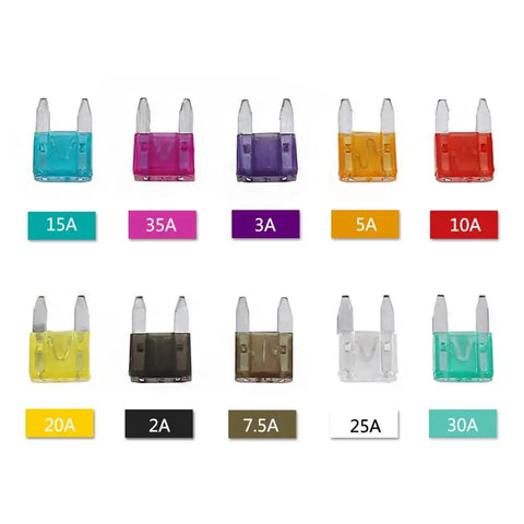 Assorted color-coded fuses from 120 Pcs Mini Car Blade Fuses Kit For Cars Vans Bikes Trucks Boats And SUVs 2A To 35A