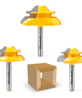 Built Tough 45 Degree Lock Miter Router Bit Set Three Piece Kit For Worry Free Woodworking Joints With One Quarter Inch Shank And Tough Carbide Cutters.