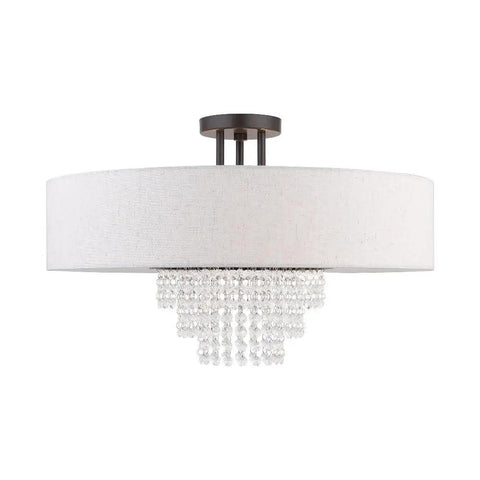 Carlisle English Bronze 5 Light Ceiling Mount Fixture With Contemporary Design, Steel Construction, fabric shade and crystals