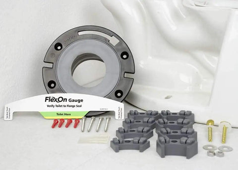 No Wax 4 Inch Toilet Flange Repair Kit With Spacer, Offset Bolts And Seal Gauge components on white surface