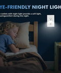 Top Shelf Electrical Outlet With Slick Led Night Light And Auto Dusk To Dawn Sensor Tamper Resistant Plug And Play Hassle Free Includes Matching Wall Plates Tough 15 Amp Pack Of Ten Crisp White with soft LED night light in child's bedroom.