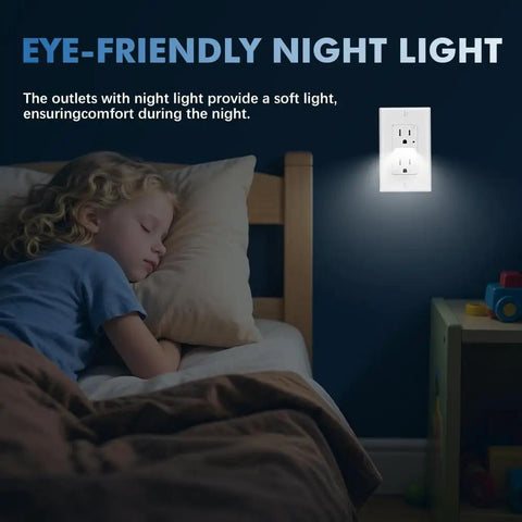 Top Shelf Electrical Outlet With Slick Led Night Light And Auto Dusk To Dawn Sensor Tamper Resistant Plug And Play Hassle Free Includes Matching Wall Plates Tough 15 Amp Pack Of Ten Crisp White with soft LED night light in child's bedroom.