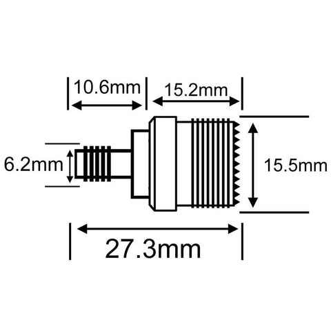 Technical diagram of SMA Female to SO239 PL-259 Coax Adapter Two Pack for UHF Radios, showing dimensions and connector details.