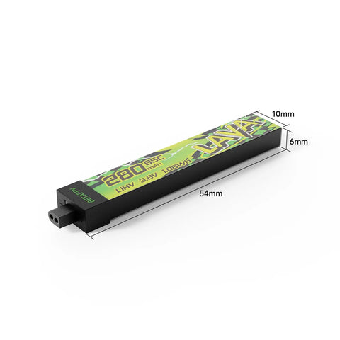 Lava II 1S 280mAh 95C LiHV Battery With BT20 Connector for Tiny Whoop Drones, shown with dimensions 54x10x6mm