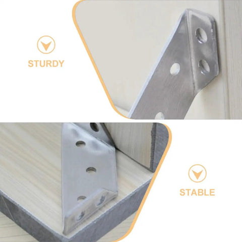Close-up of Heavy Duty Stainless Steel Corner Brace Angles For Wood Furniture 6 Pack Right Angle Brackets in use on shelves.