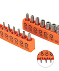 Get Your Hands On A Sweet Set Of 14 Torx Bits, Each One Measuring Precisely 25mm For All Your Electric Screwdriver Needs. Made From Tough Alloy Steel So You Can Tackle Any Repairs Without Worrying About Wear And Tear. Perfect For Tech Geeks, Mechanics,; 14pc 25mm alloy steel Torx bits set with orange holders, T5-T40 sizes for electric screwdrivers