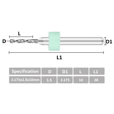 Diagram of 1.5mm Mini PCB Drill Bits Set For Circuit Board Drilling Pro Grade Carbide CNC Bits 0.125 Inch Shank 38mm Overall Length